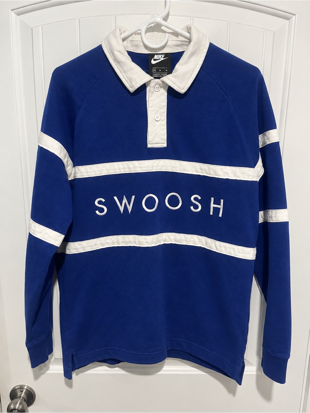 Nike Swoosh Rugby Polo Mens M Blue White Long Sleeve Spellout